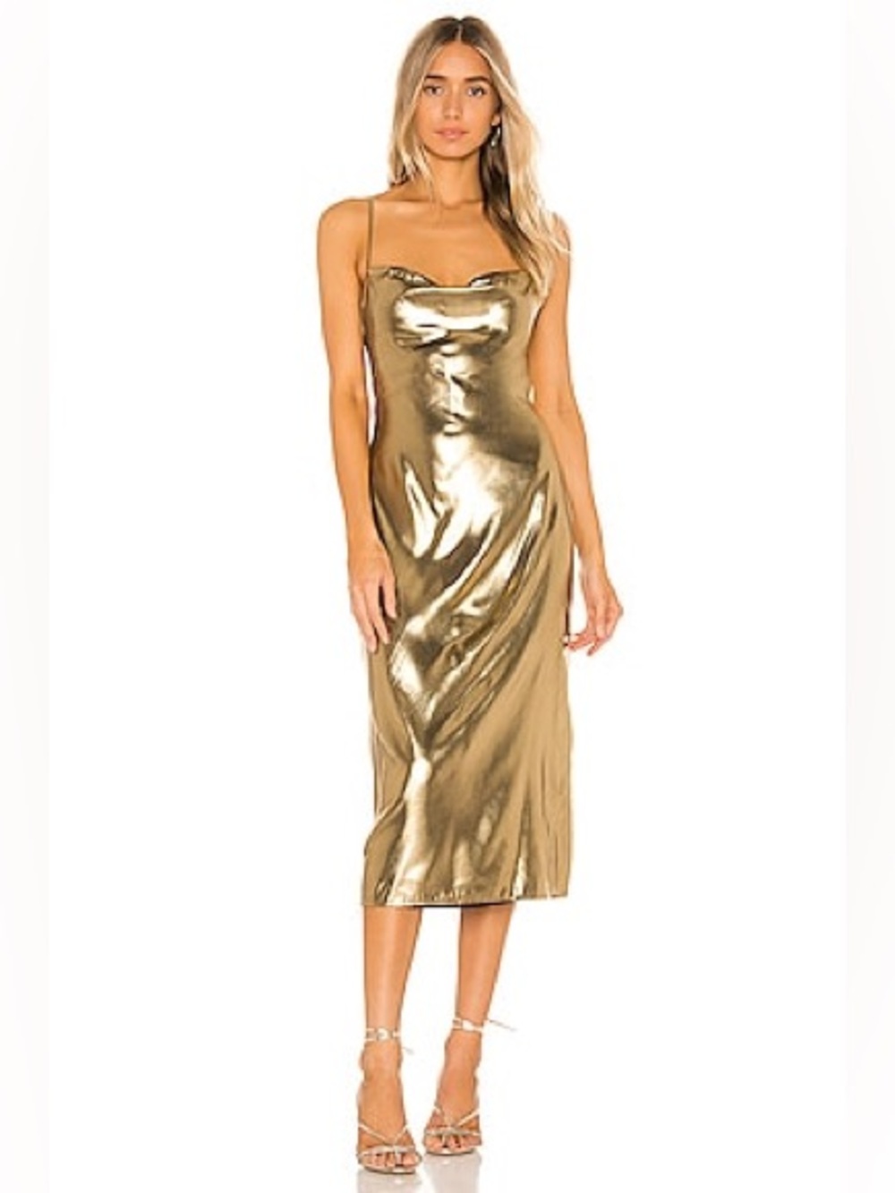 NBD Metallic Gold Slip Midi Dress